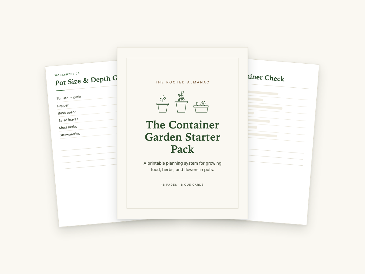 Cover of The Container Garden Starter Pack with the pot size guide and weekly container check worksheets fanned behind it