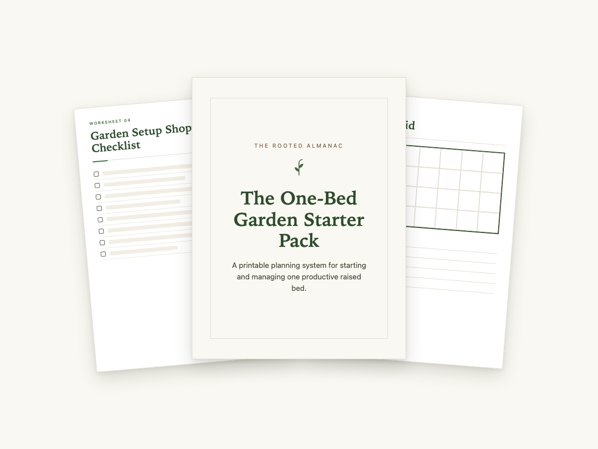 Cover of The One-Bed Garden Starter Pack with the shopping checklist and 4x8 bed grid worksheets fanned behind it