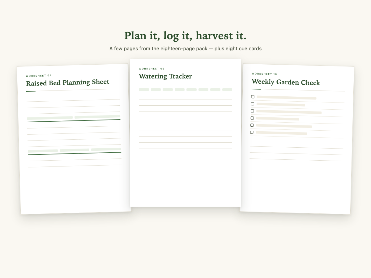 Three pages from the eighteen-page pack side by side: Raised Bed Planning Sheet, Watering Tracker, and Weekly Garden Check