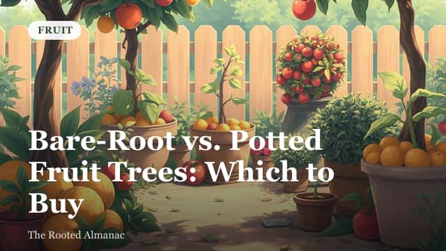 A young dormant bare-root fruit tree with exposed roots laid next to a potted fruit tree in a black nursery container