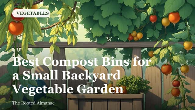A compost bin and a tumbling composter side by side next to a small raised vegetable garden bed