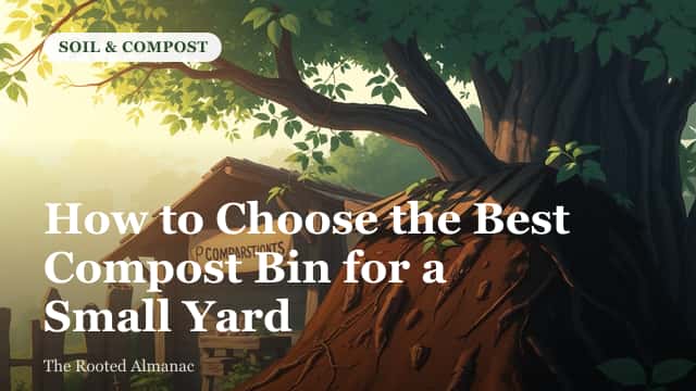 A compact compost bin tucked against a fence in a small backyard garden