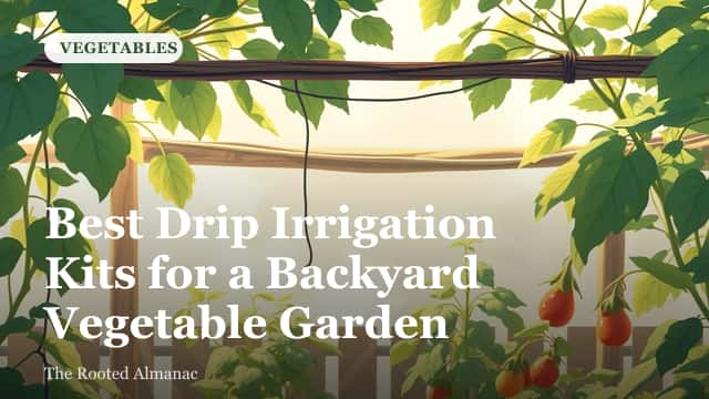 Drip irrigation tubing with emitters running along a row of vegetable plants in a backyard garden bed