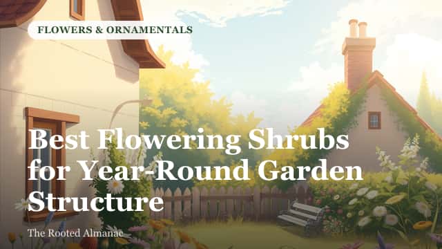 A mixed border of flowering shrubs of varying heights and bloom colors along a garden path