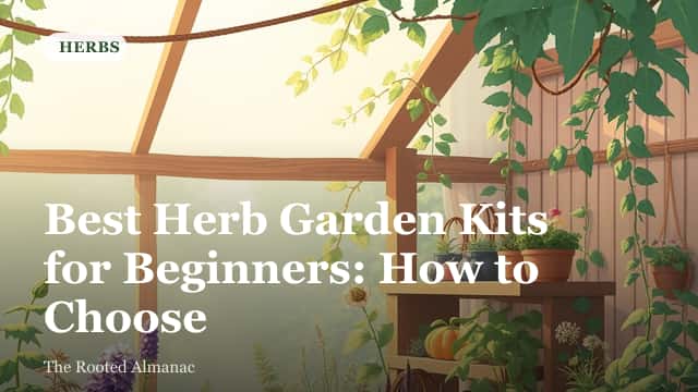 A beginner herb garden kit with small pots, soil, and seed packets arranged on a kitchen counter near a sunny window