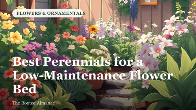 A sunny flower bed filled with clumps of colorful low-maintenance perennials in bloom