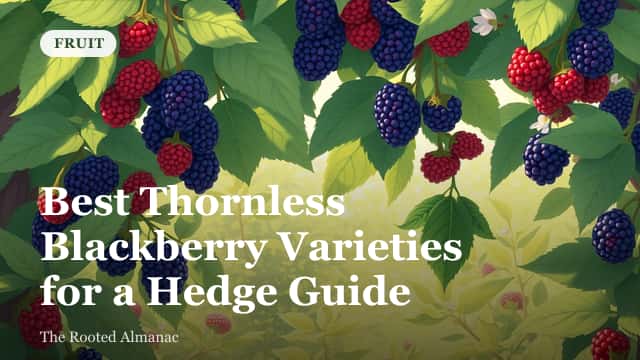 Rows of ripe blackberries growing on a thornless hedge trained along a wire trellis