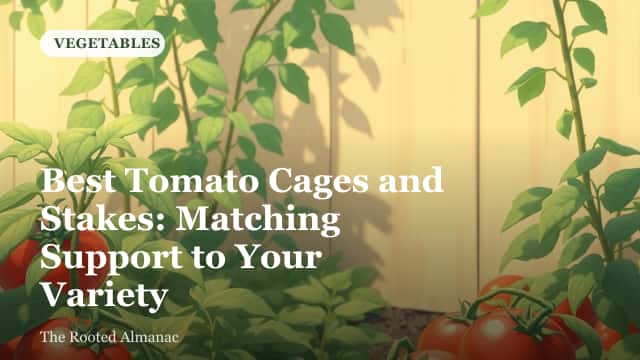 Young tomato plants in a raised bed supported by tall wire cages and wooden stakes