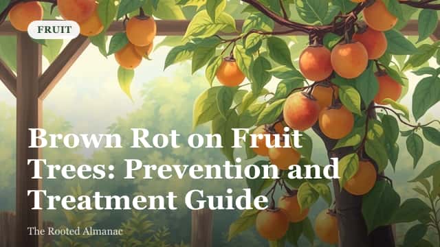 Peach on the tree showing brown rot with soft brown spots and fuzzy gray-brown spore growth