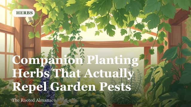 Basil, nasturtiums, and dill growing in mixed rows alongside vegetable plants in a garden bed