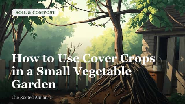 Raised vegetable beds covered in green winter rye and flowering crimson clover in early spring