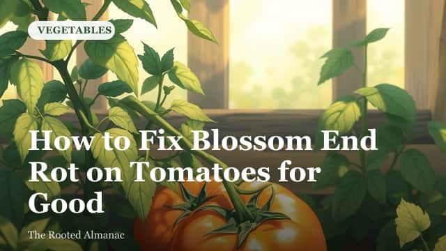 Ripening tomato on the vine with a dark, sunken patch of blossom end rot on its bottom