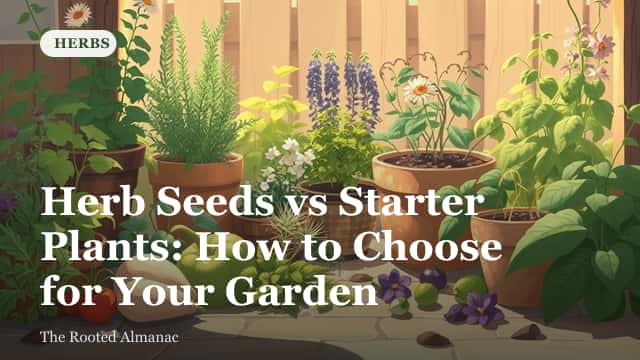 A wooden seed tray of herb seedlings next to a row of potted starter herb plants on a garden table