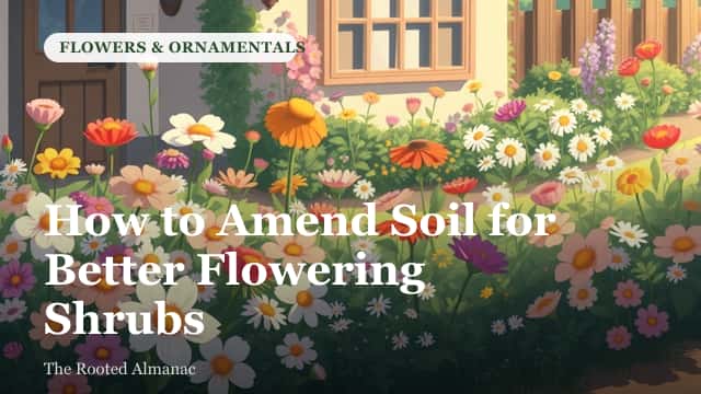 Gardener working compost into soil around the base of a flowering shrub
