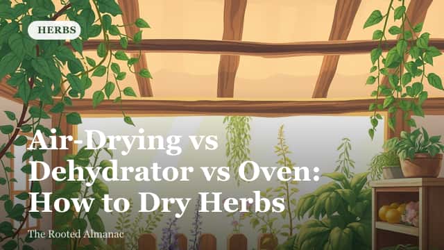 Bundles of herbs hanging to air-dry next to a tray of herbs in a dehydrator
