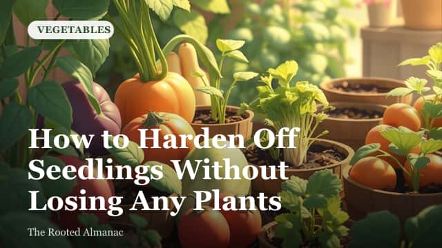 Wooden flat of vegetable seedlings sitting outside on a porch step in dappled sunlight