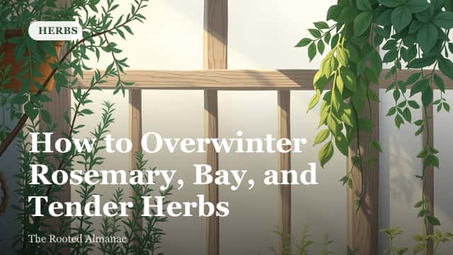 A potted rosemary plant and a small bay laurel sitting on a sunny windowsill indoors during winter