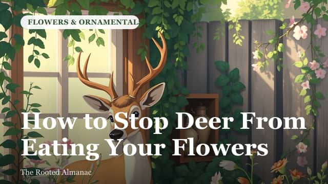 A deer standing at the edge of a flower bed surrounded by a wire fence