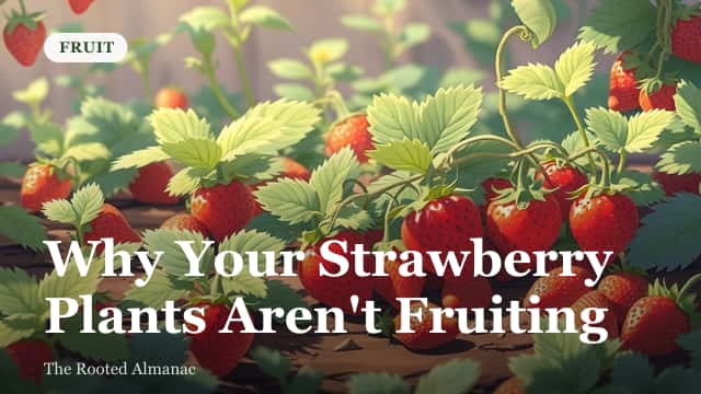 A strawberry plant with lush green leaves but no flowers or fruit, growing in garden soil