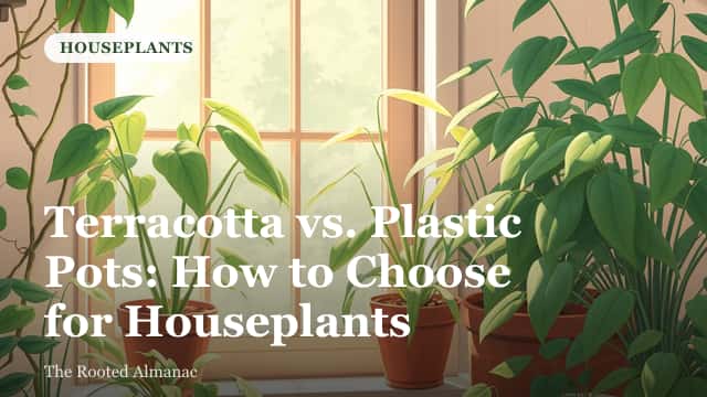 A row of houseplants side by side, one in an unglazed terracotta pot and one in a plastic pot