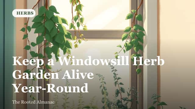 Potted culinary herbs growing on a bright kitchen windowsill